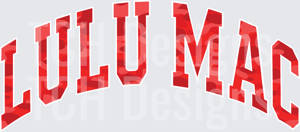 Lulu Mac Red Camo Arched Collegiate Bold Text