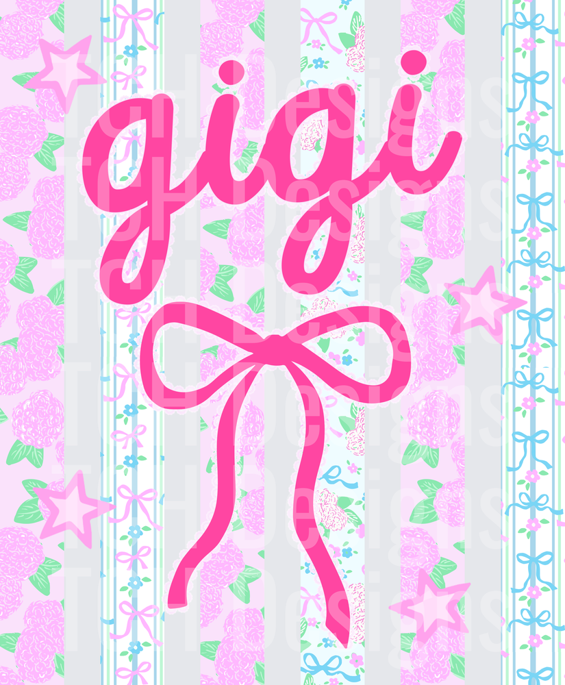 Gigi Pink Script Name with Bow on Floral Pattern Background