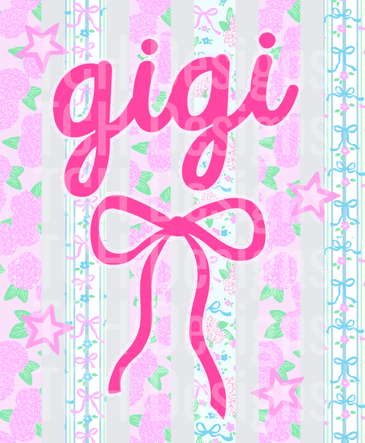 Gigi Pink Script Name with Bow on Floral Pattern Background