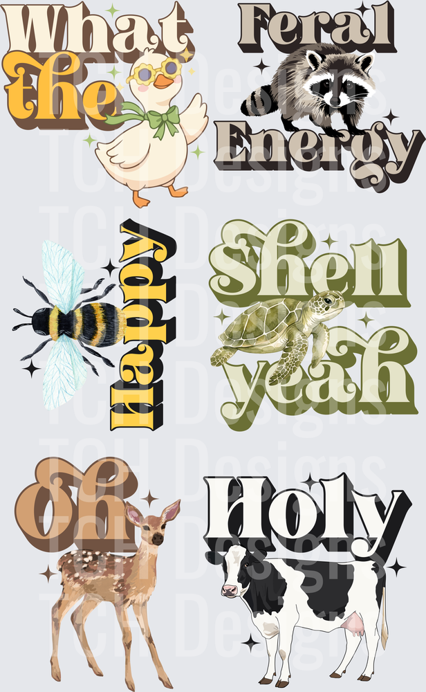Retro 70s Animals Typography Bundle What The Duck Feral Energy Kind Bee Shell Yeah Oh Deer Holy Cow