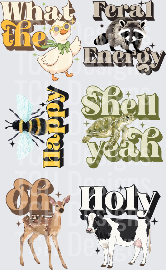 Retro 70s Animals Typography Bundle What The Duck Feral Energy Kind Bee Shell Yeah Oh Deer Holy Cow