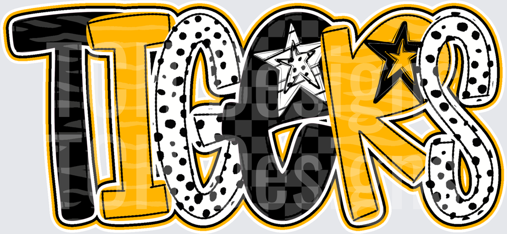 Tigers Bold Mixed Pattern Text with Stars Black and Gold