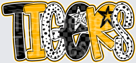 Tigers Bold Mixed Pattern Text with Stars Black and Gold