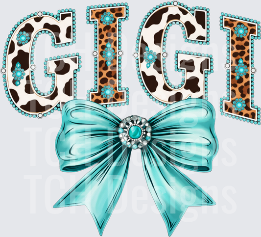 GIGI Turquoise Leopard Cow Print Letters with Jeweled Bow