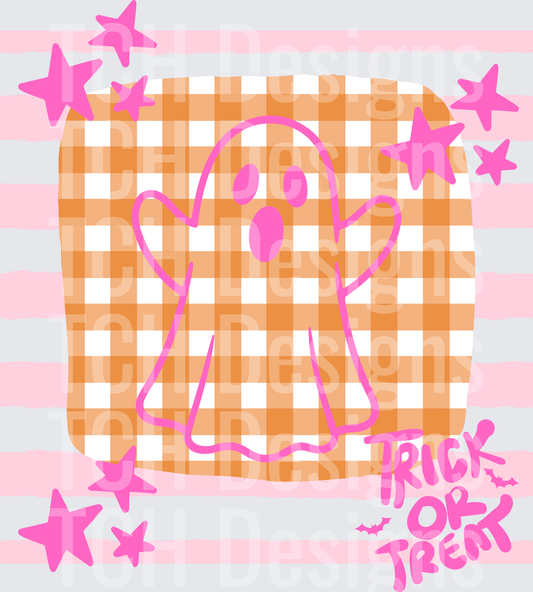 Cute Pink Ghost Trick Or Treat Orange Gingham Halloween Stars