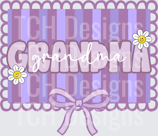 Grandma Text with Purple Stripes Bow and Daisy Flowers
