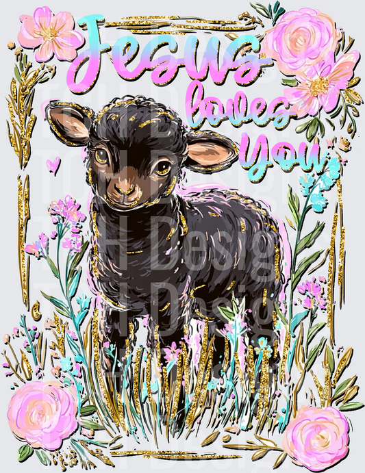 Jesus Loves You Black Lamb Floral Gold Glitter Design