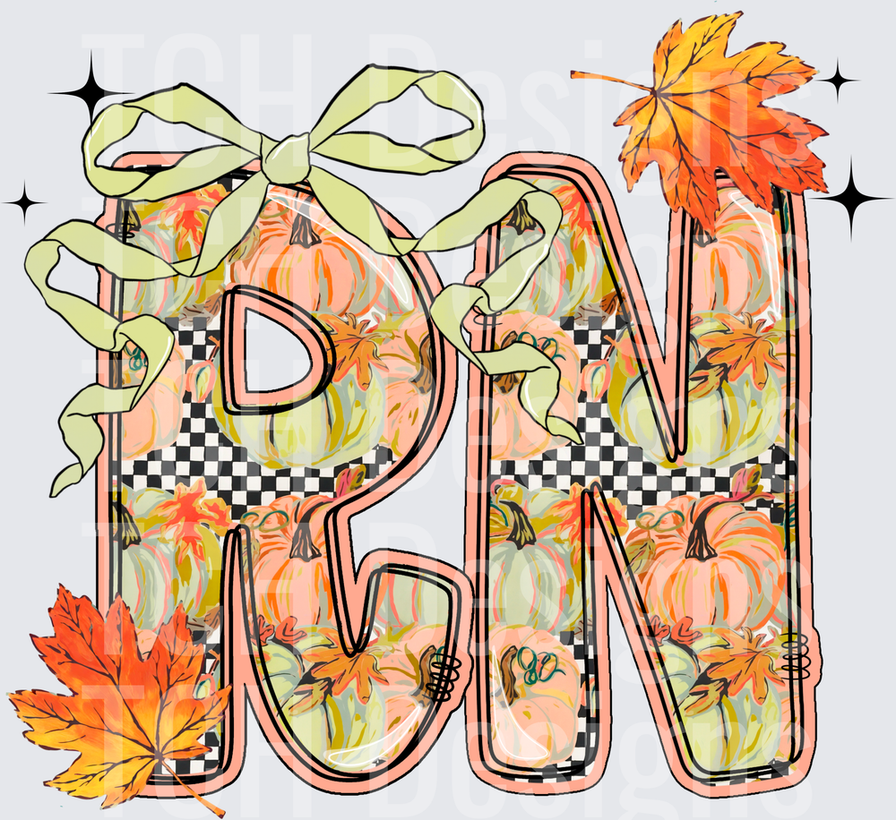 Fall Pumpkin Checkerboard RN Letters with Bow and Leaves