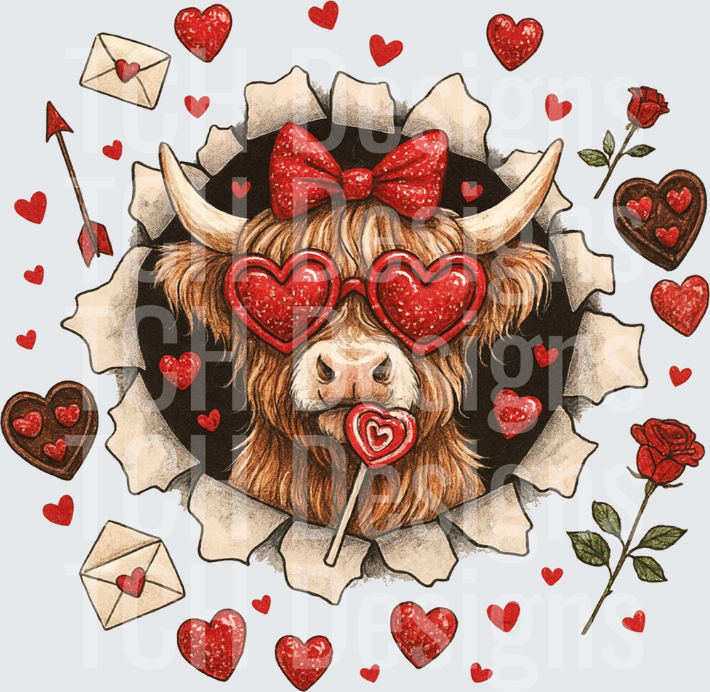 Valentine Highland Cow Heart Sunglasses Red Bow Lollipop