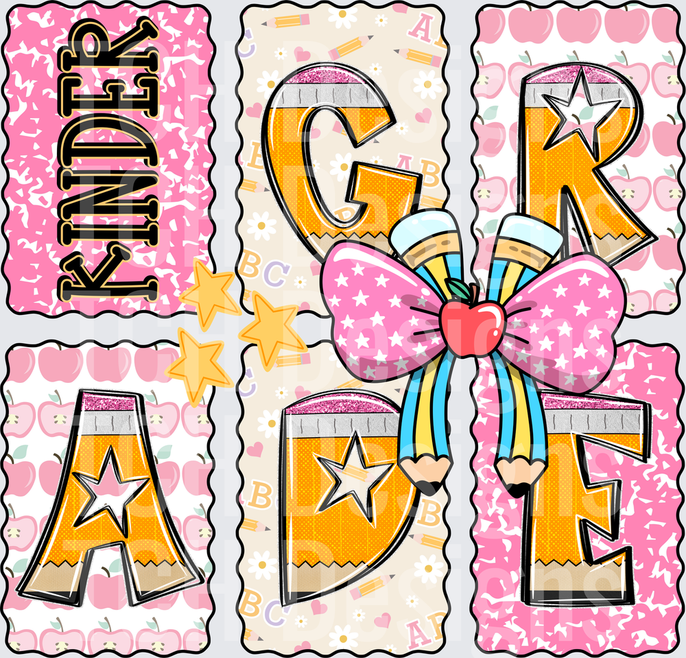 Kinder Grade Pencil Letter Back to School Pink Bow Apple