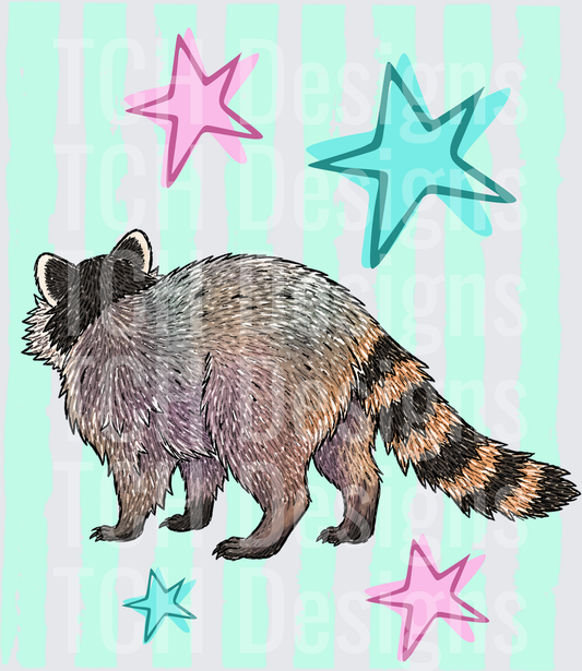 Cute Raccoon with Pink and Blue Stars on Mint Stripes