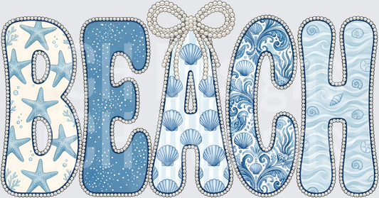 BEACH Lettering with Starfish Shells and Ocean Wave Patterns