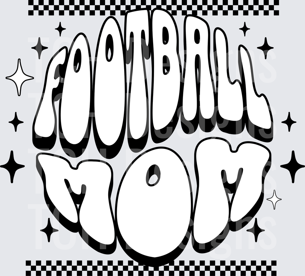 Football Mom Retro Bubble Graffiti Letters Checkered Border