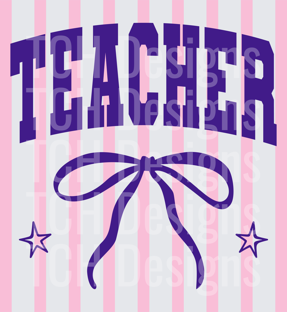 Purple Arched Teacher Text Coquette Bow Stars Pink Stripes