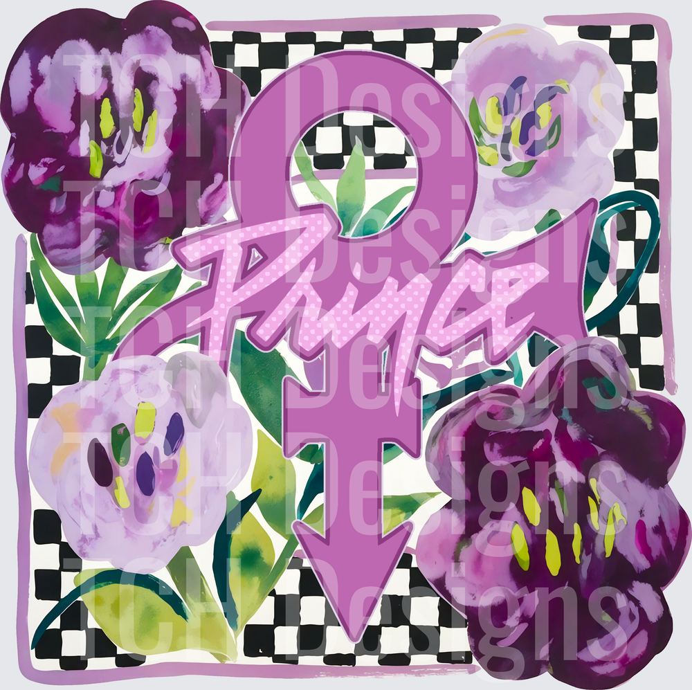 Prince Love Symbol Purple Floral Checkered Watercolor Art