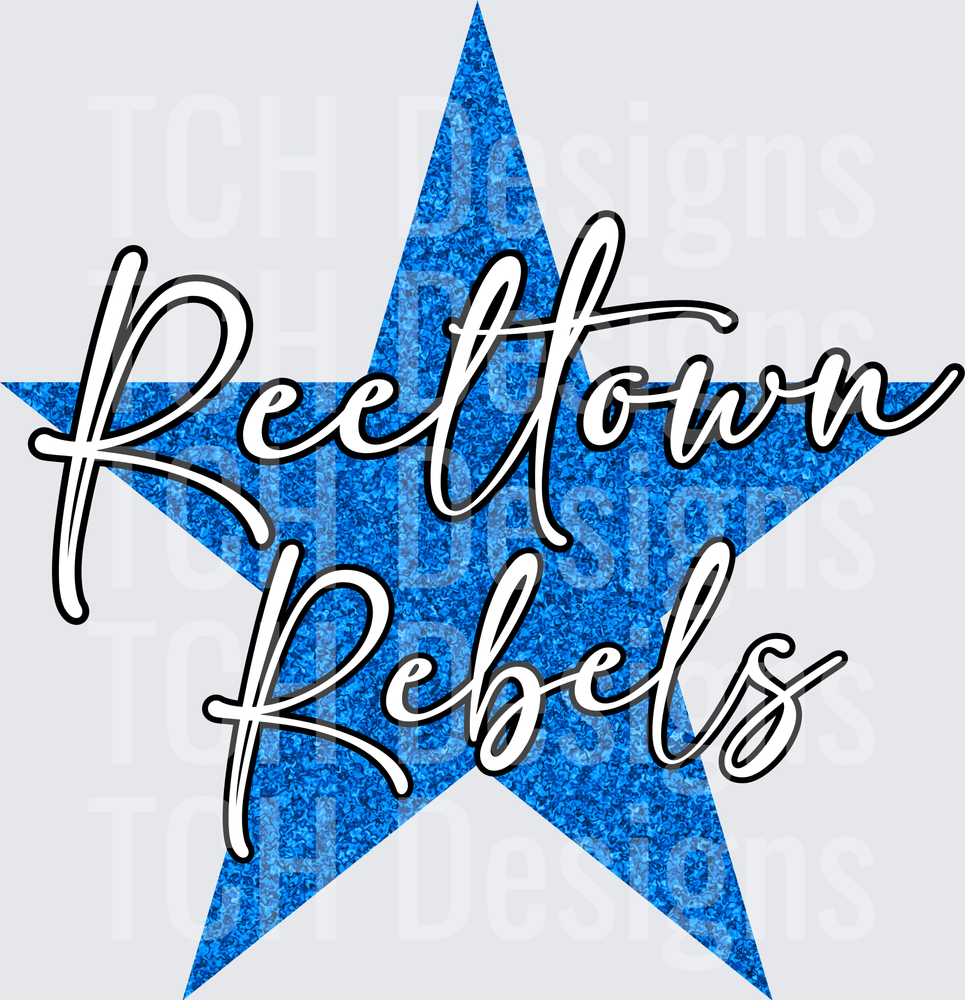 Reeltown Rebels Blue Glitter Star Script Logo