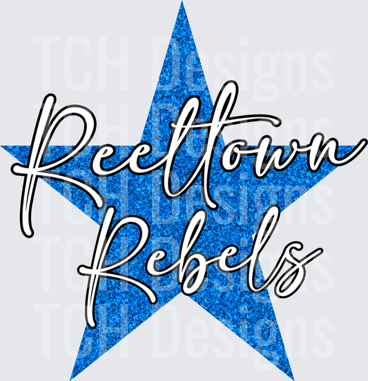 Reeltown Rebels Blue Glitter Star Script Logo