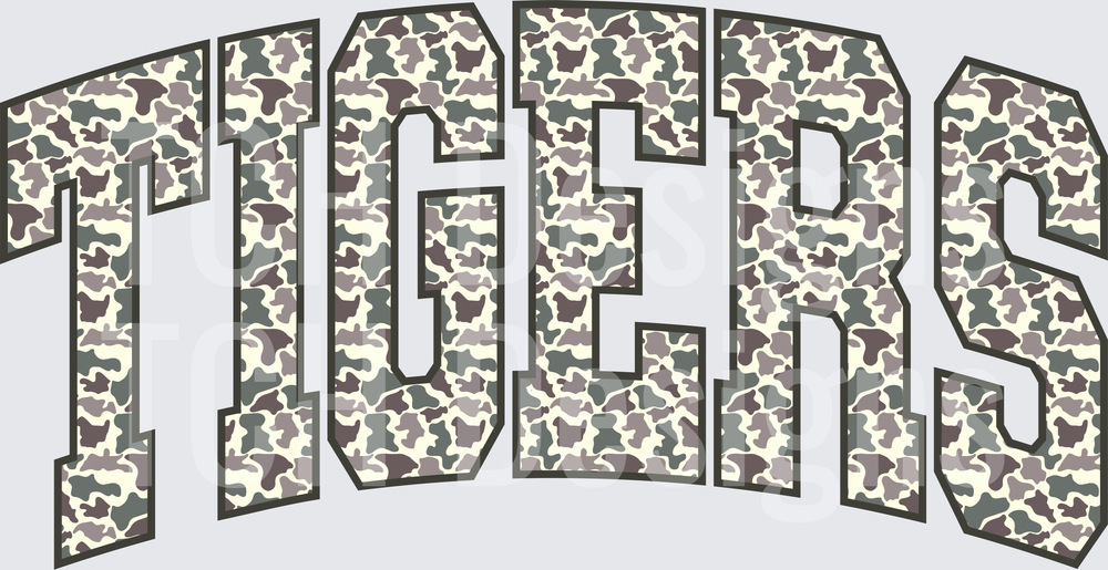Tigers Arched Varsity Letters Camo Pattern Design