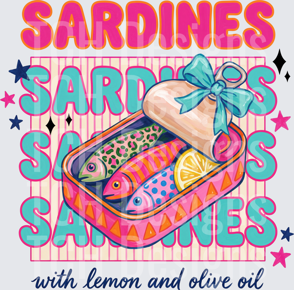 Colorful Retro Sardines Can With Lemon and Olive Oil Bow