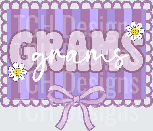 Grams Grandma Purple Stripe Scalloped Border with Daisies and Bow