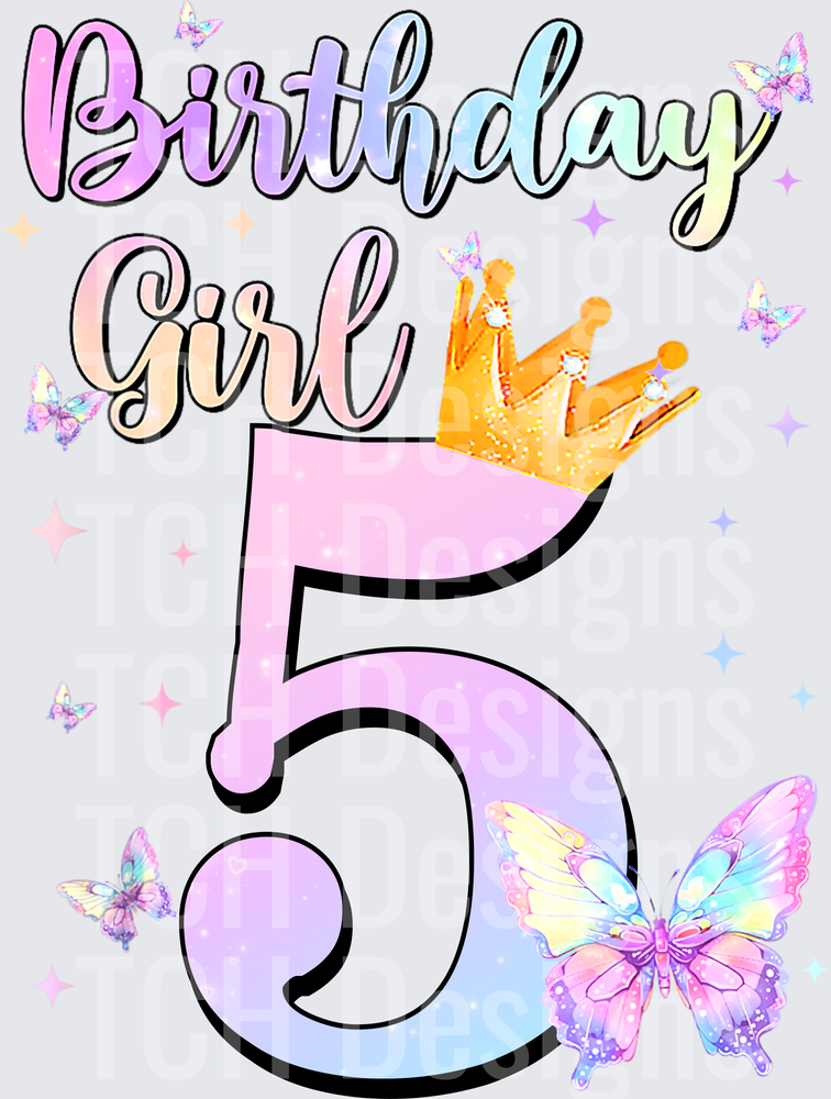 Birthday Girl Number 5 with Crown and Butterflies