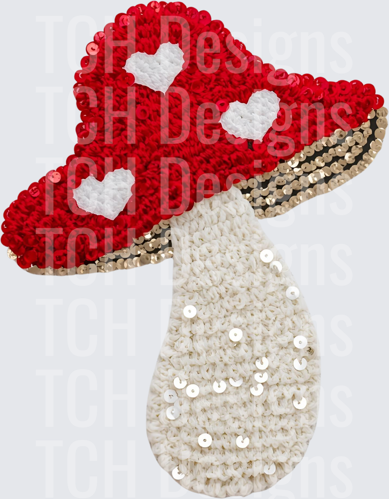 Sequin Embroidery Style Red Mushroom with White Hearts
