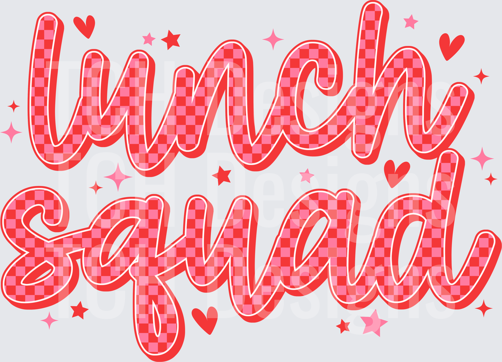 Lunch Squad Red Pink Checkered Script Hearts Stars