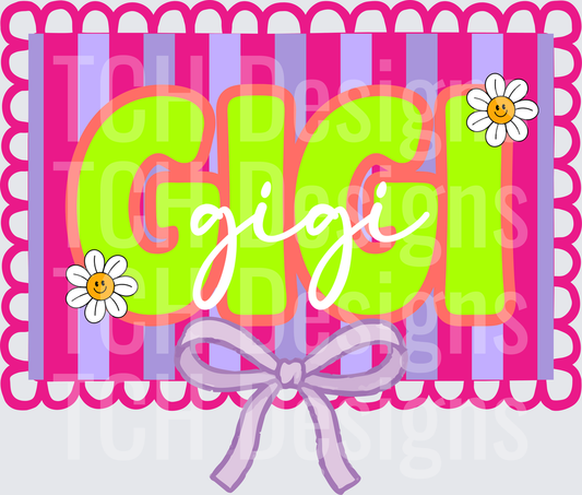 Gigi Name with Daisy Flowers and Purple Bow on Pink Stripes