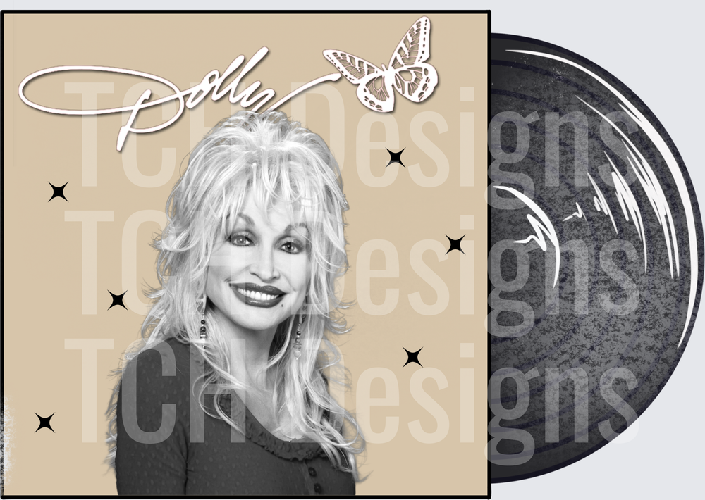 Dolly Parton Portrait with Butterfly and Script Signature