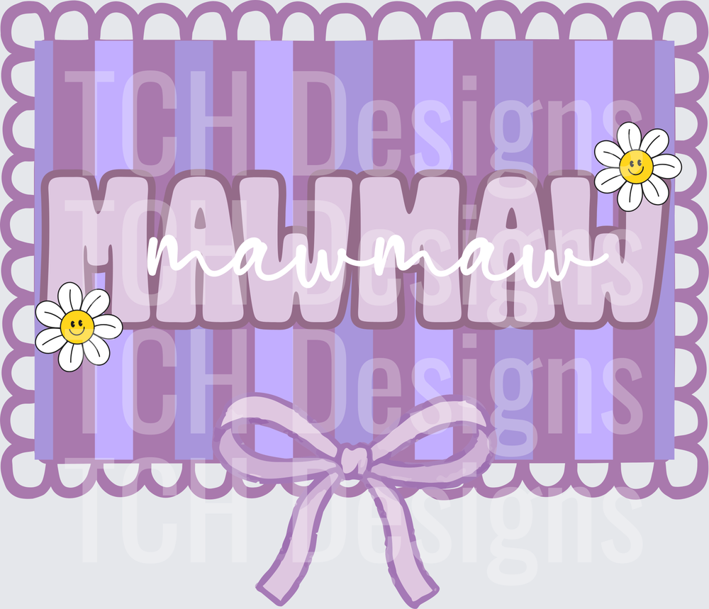 MawMaw Purple Striped Scalloped Border with Daisy Flowers and Bow