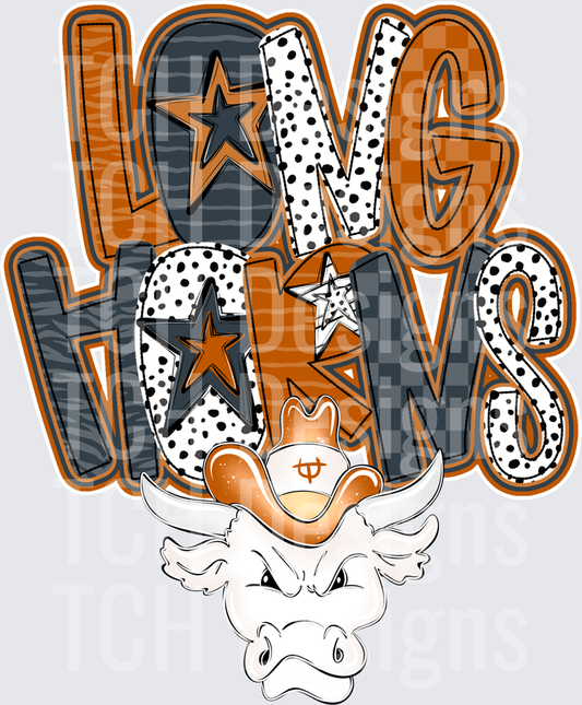 Longhorns Bold Stacked Letters Dalmatian Star Longhorn Bull