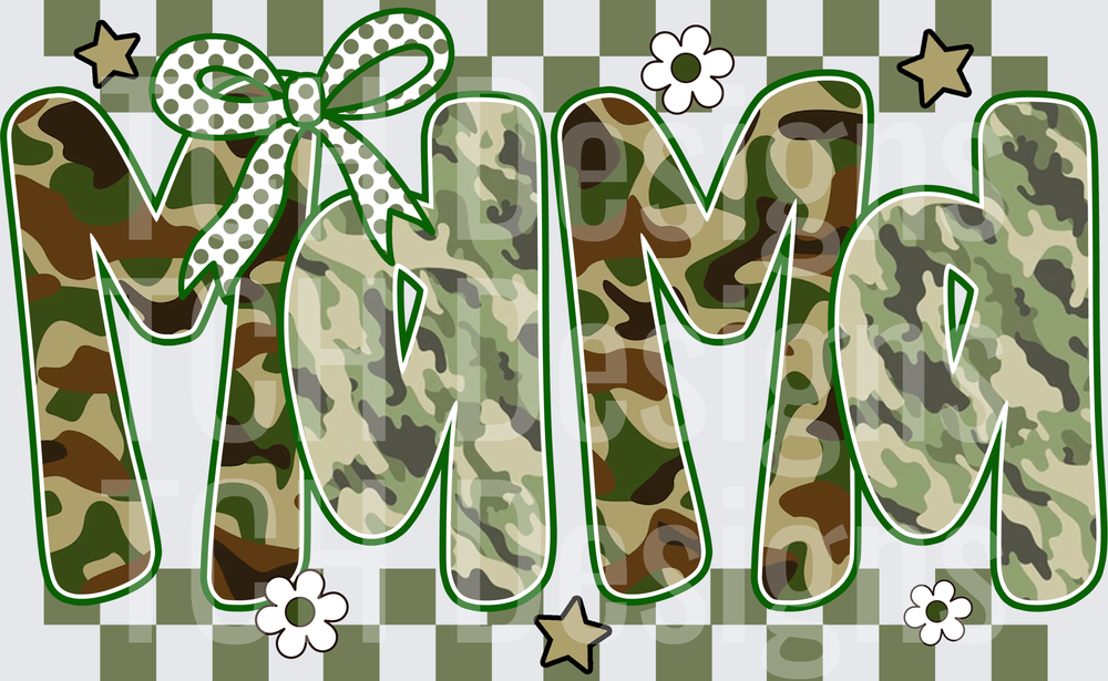 Camo Mama Bold Letters Bow Daisies Stars Checkered Background