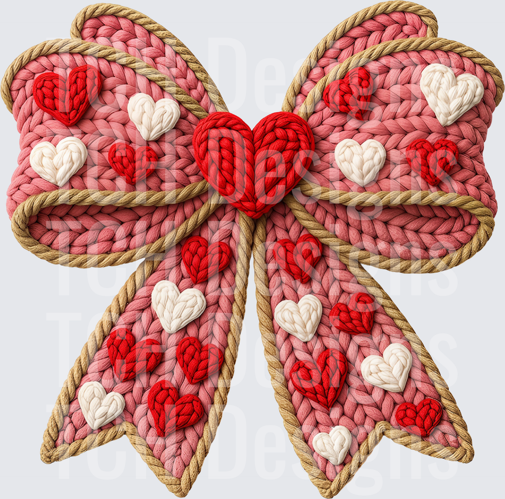 Crochet Knit Valentine Bow with Red and White Hearts