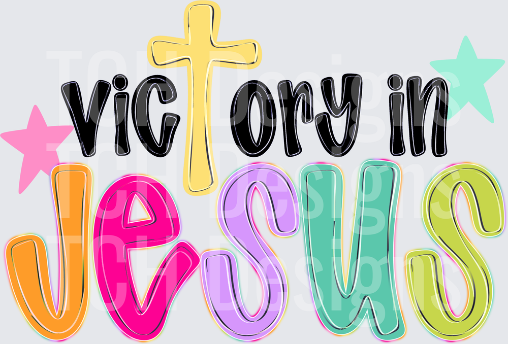 Victory In Jesus Colorful Cross Stars Christian Design