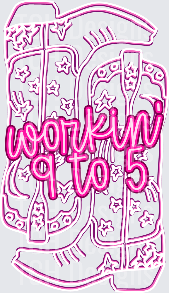Workin 9 to 5 Cowboy Boots Stars Pink Neon Outline