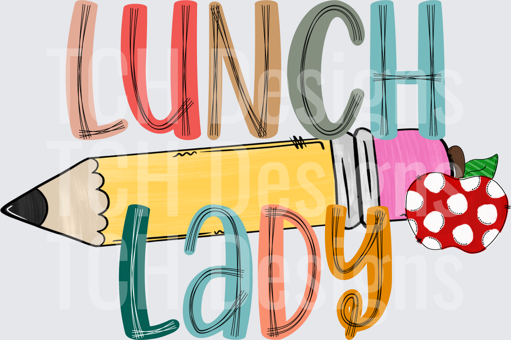 Lunch Lady Colorful Pencil and Polka Dot Apple Design