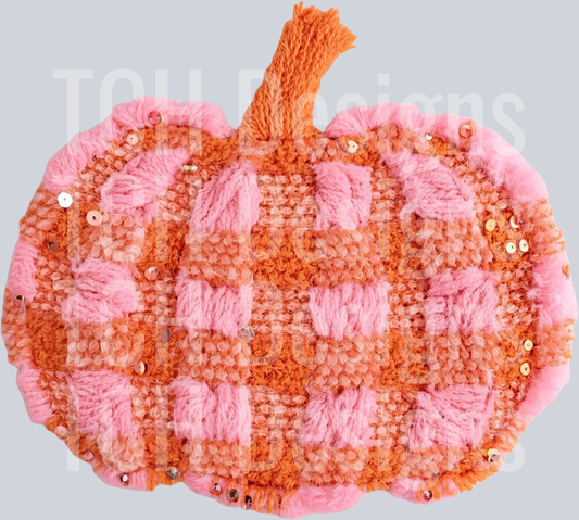 PINK AND ORANGE PLAID PUMPKIN FAUX YARN