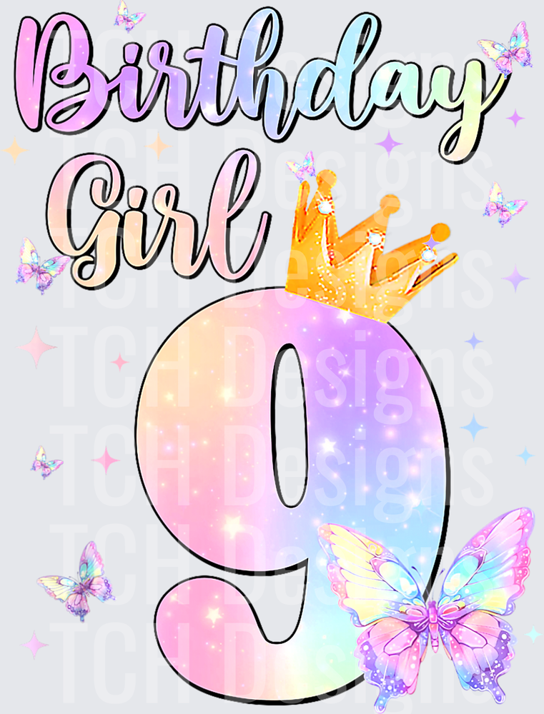 Birthday Girl Number 9 with Rainbow Galaxy Crown and Butterflies