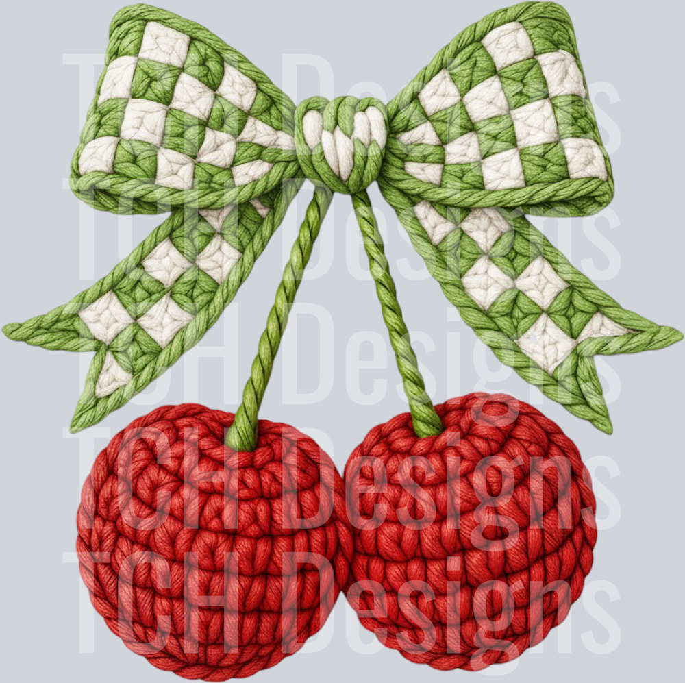 Crochet Valentine's Day Cherry Bow PNG