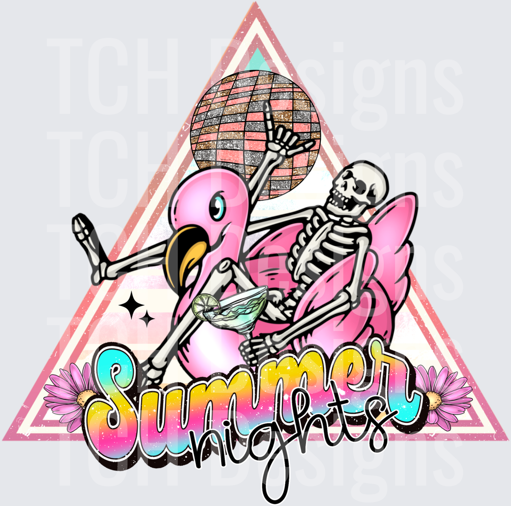 Summer Nights Skeleton on Pink Flamingo Float with Disco Ball