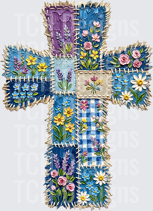 Patchwork Denim Cross with Embroidered Wildflowers