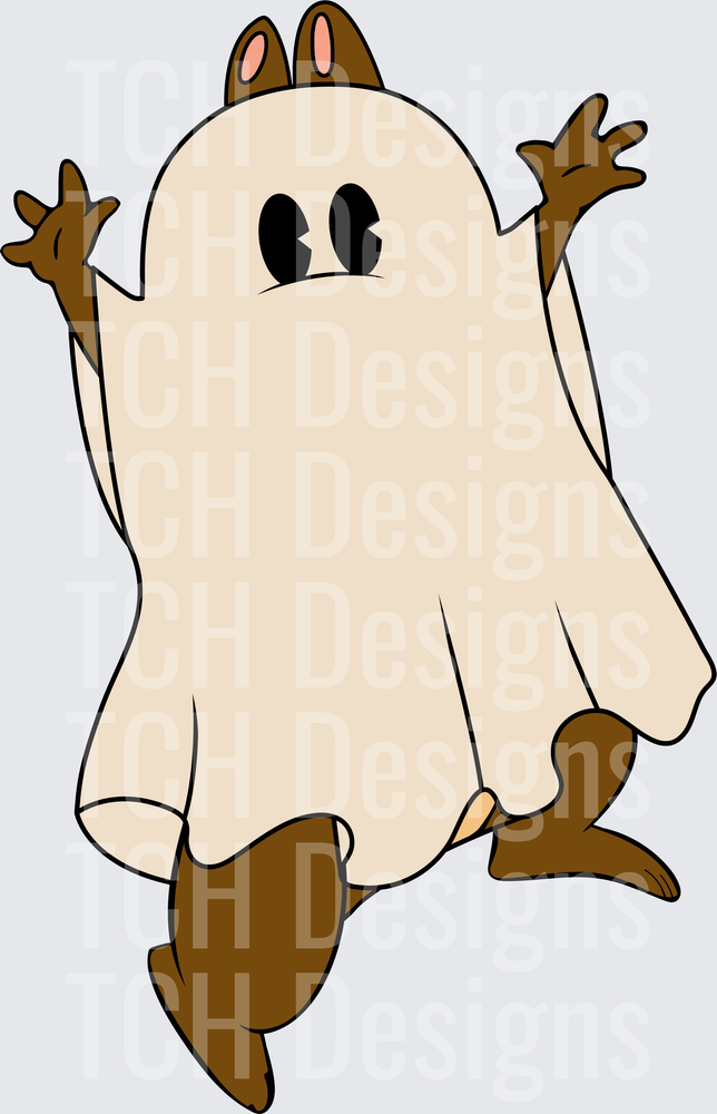 Cartoon Dog Wearing Ghost Halloween Costume Spooky Hands Up