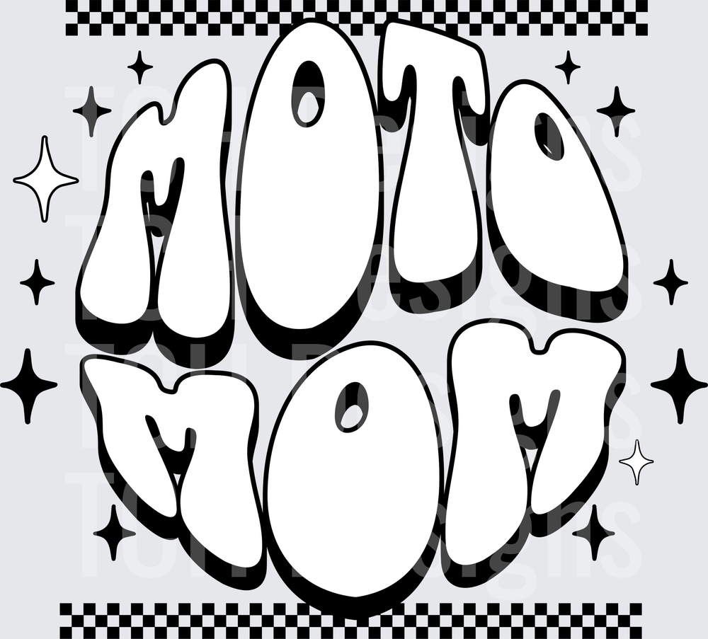 Moto Mom Bold Bubble Graffiti Letters Checkered Border Sparkles