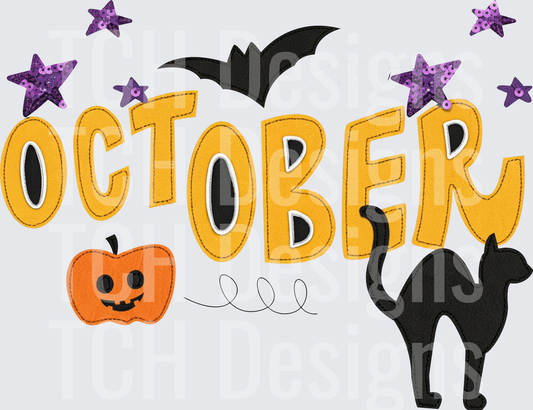 October Halloween Applique with Bat Cat Pumpkin Purple Stars