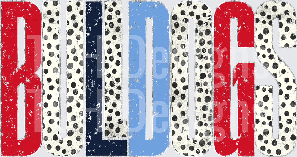 Bulldogs Distressed Polka Dot Red Navy Blue Bold Text