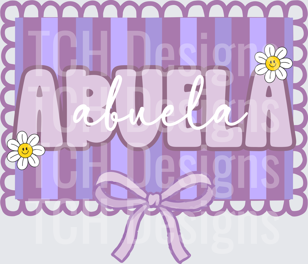 Abuela Purple Striped Scalloped Border with Daisy Flowers and Bow