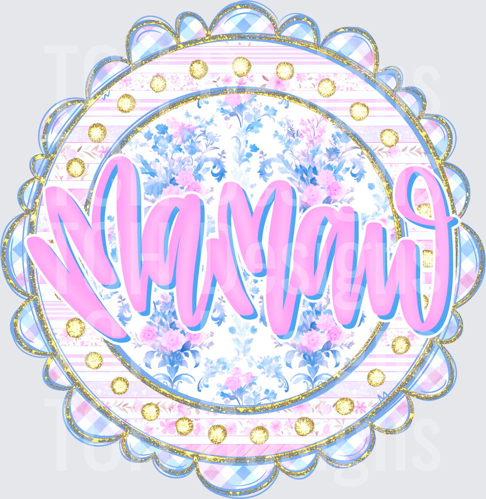 Mamaw Pink Script Floral Scallop Badge Glitter Design
