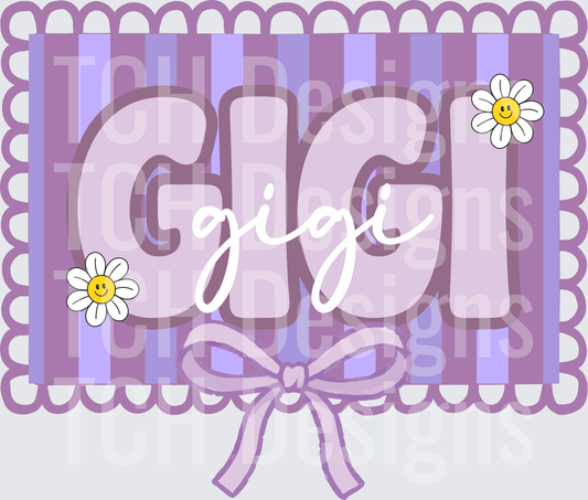 Gigi Text with Purple Stripes Daisy Flowers and Bow Border
