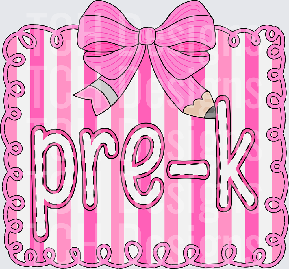 Pre-K Pink Striped Bow Pencil Scallop Frame Design