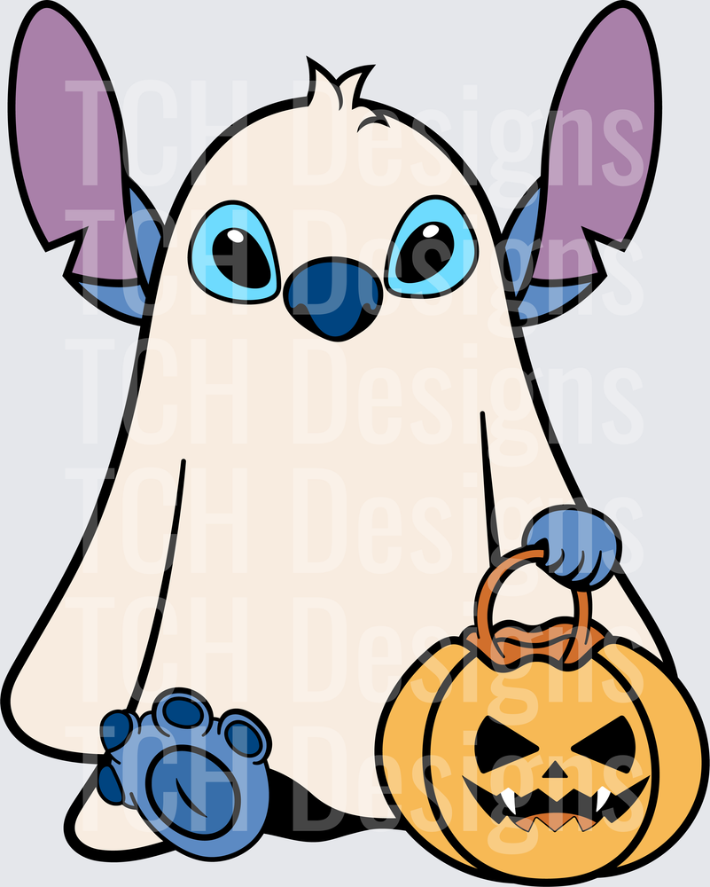 Stitch in Ghost Costume Holding Halloween Jack-o-Lantern